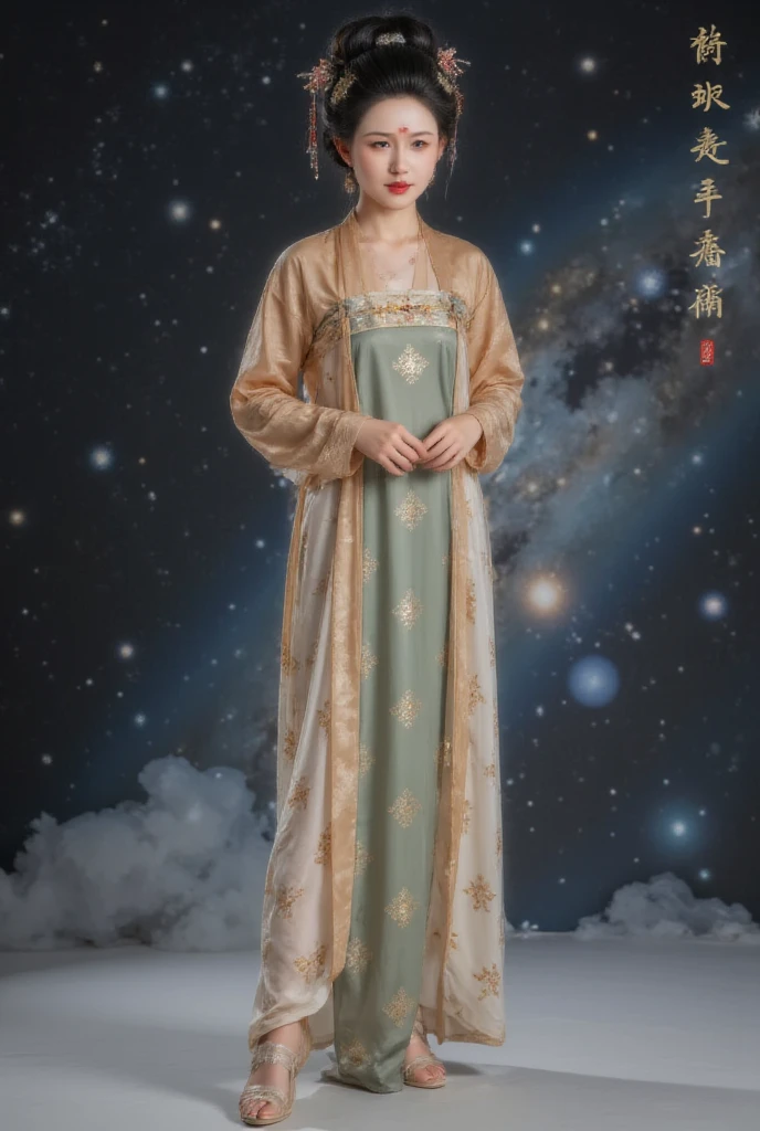 , (whole body照:1.4), [Space Art, 1 Cheongsam woman，whole body， to a standing，transparent robotic arm ， slim figure ，Perfect proportions， exquisite hair accessories ， Smile， transparent robotic shoes，Oriental elements，(Bokeh)， high quality ，4K，3d