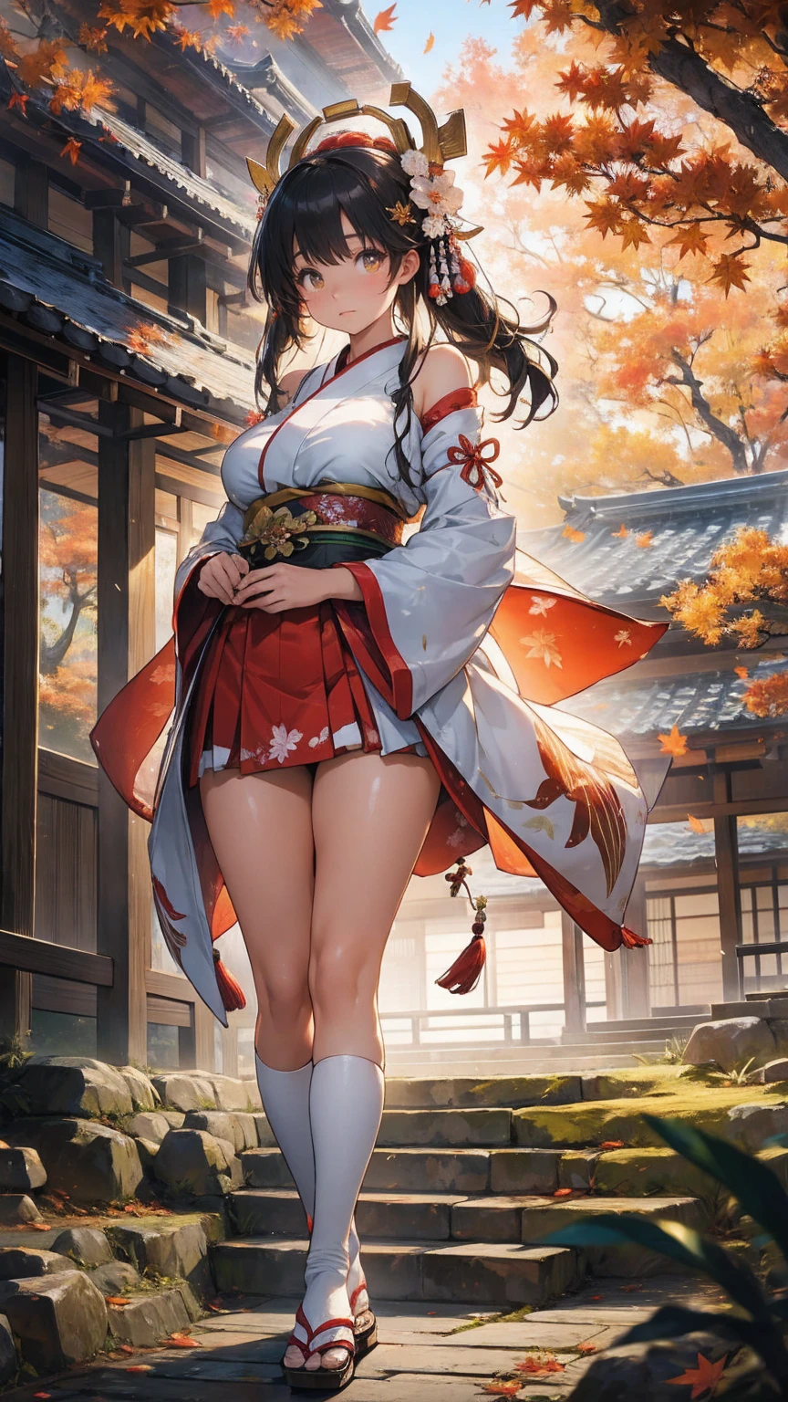 a beautiful miko girl with large breasts in an autumn landscape, fallen leaves swirling around her, cinematic lighting, traditional japanese garden