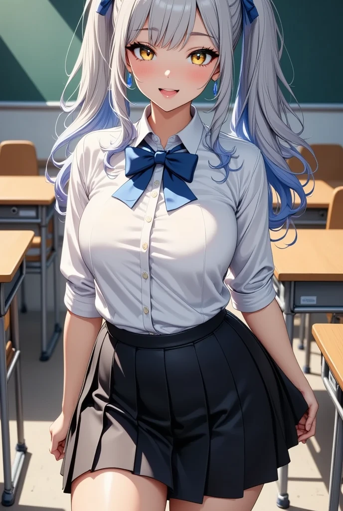 best quality, master piece, portrait, arms behind back, 1 girl, (eyebrow), (nose), (ear), (mouth), (lips), short curly hair, (light effect on hair), bangs, highlights , sawachika several, Double tails, long hair, blonde hair, medium chest, (brown eyes), hair ribbon, School uniform, Red pleated skirt, Looking at Viewer, classroom, thick legs, thick thigh, background scenery perfect, in the school yard, lighting, beautiful day