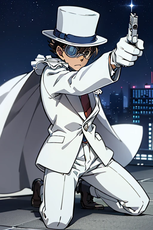 Super detailed,(masterpiece,4K), white suit, silk hat,((1. Boy)), Detective Conan - Despicable Me, white cape ,White leather shoes, white gloves,rooftop,Moonlit Night,Pointing a Gun, Put on one knee  , monocle,Green