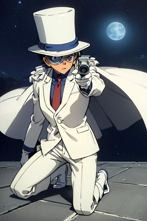 Super detailed,(masterpiece,4K), white suit, silk hat,((1. Boy)), Detective Conan - Despicable Me, white cape ,White leather shoes, white gloves,rooftop,Moonlit Night,Pointing a Gun, Put on one knee  , monocle,Green