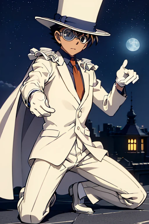 Super detailed,(masterpiece,4K), white suit, silk hat,((1. Boy)), Detective Conan - Despicable Me, white cape ,White leather shoes, white gloves,rooftop,Moonlit Night,Pointing a Gun, Put on one knee  , monocle,Green