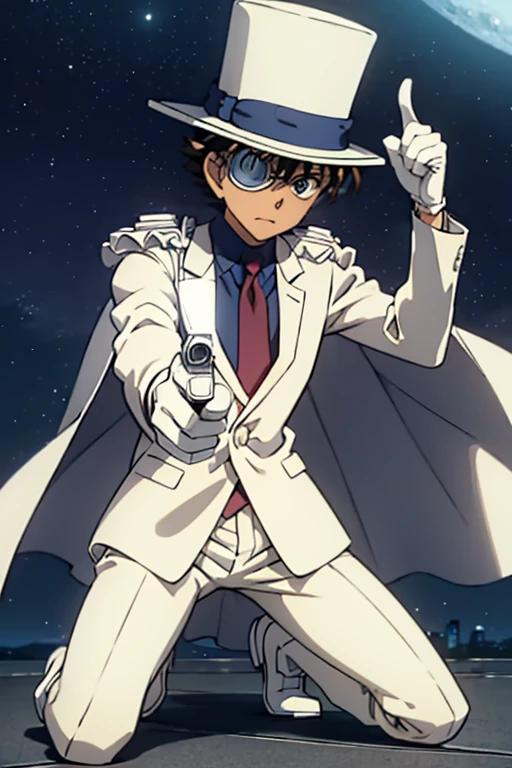 Super detailed,(masterpiece,4K), white suit, silk hat,((1. Boy)), Detective Conan - Despicable Me, white cape ,White leather shoes, white gloves,rooftop,Moonlit Night,Pointing a Gun, Put on one knee  , monocle,Green