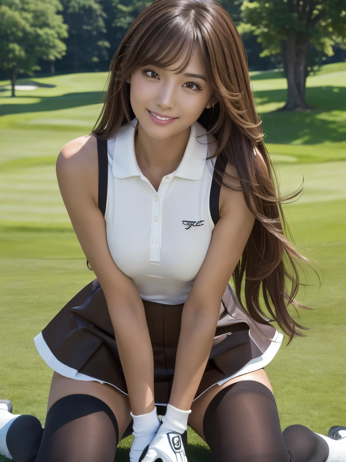 (超High resolution, masterpiece, Anatomically correct, Textured skin, Super Detail, Highest quality, High resolution, 8k, bloom, Front light:1.2, Perfect dynamic composition), (24-years-old, 1 person, Cute and sexy golfer), (Sexy Face, Long face, Distant eyes, Gentle eyelids, Thin eyebrows, Gentle corner of the eye, Hawk-like nose), (Gal Makeup), (eyeliner), (It will totally charm you), (Eyes that feel erotic), (A taste of beautiful eroticism), (Too cute beauty), (Captivating smile:1.3), (薄茶色のLong Hair:1.4), (Long Hair, Inward curls, bangs, Smooth Hair), (Tight sleeveless golf wear:1.3), (White tight skirt:1.2), (Black knee-high socks:1.3),  (Ample breasts), Golf course, Grass, blue sky, Asahi, forest, fairway, green, Golf club,(Photographed from the front), (Looking into the camera),