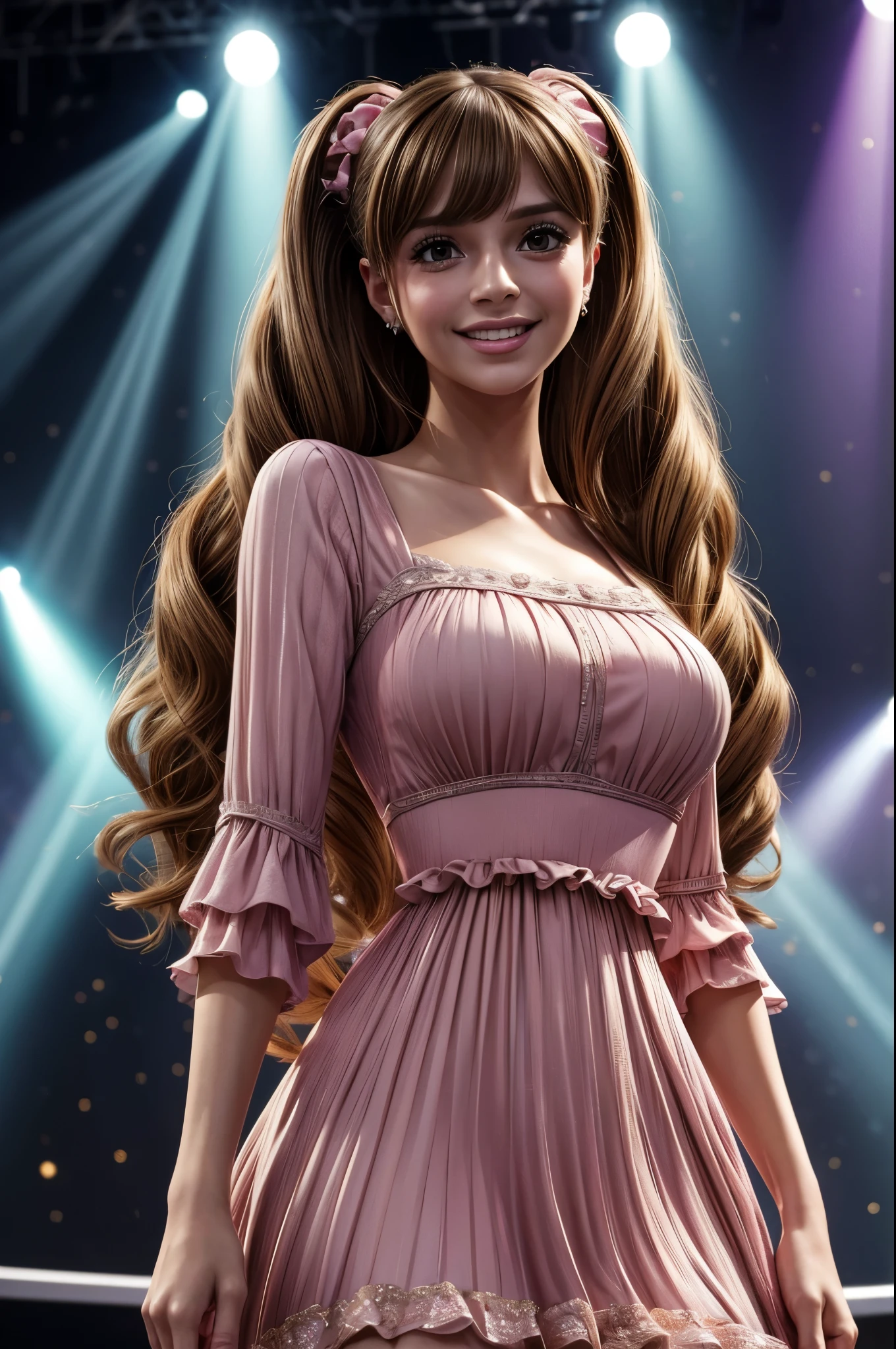 masterpiece, best quality, extremely detailed, hyperrealistic:1.1, photorealistic, a beautiful 20s european girl, ultra detailed face:1.1, brown hair, twintails, bangs, dark pink dress, smiling, on live stage, stage lighting, standing