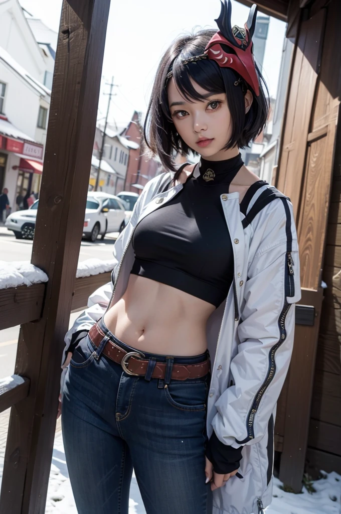girl with、Center parted shoulder length hairstyle、An eye mask that covers the eyes with fine embroidery、Tops with a zipper that shows your stomach、short trousers,thigh visible、Spread your legs apart,heart tattoo below belly button
