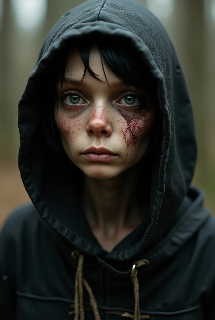 Black hood a young girl with pink hair and with a sad face and in a lot of pain and is seriously injured in her body walking to a hospital 3d style
