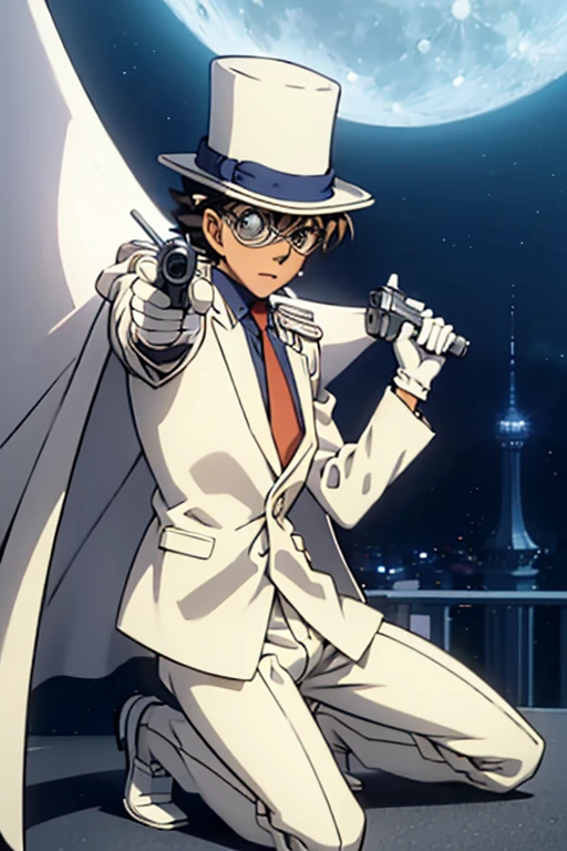 Super detailed,(masterpiece,4K), white suit, silk hat,((1. Boy)), Detective Conan - Despicable Me, white cape ,White leather shoes, white gloves,rooftop,Moonlit Night,Pointing a Gun, Put on one knee  , monocle,Green,Fly in the sky with a hang glider