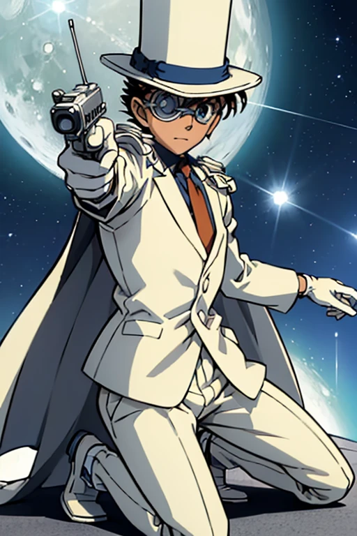 Super detailed,(masterpiece,4K), white suit, silk hat,((1. Boy)), Detective Conan - Despicable Me, white cape ,White leather shoes, white gloves,rooftop,Moonlit Night,Pointing a Gun, Put on one knee  , monocle,Green,Fly in the sky with a hang glider