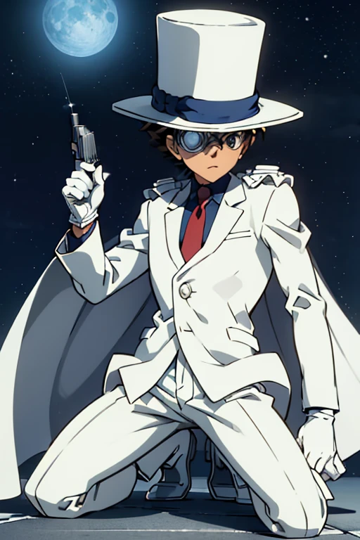 Super detailed,(masterpiece,4K), white suit, silk hat,((1. Boy)), Detective Conan - Despicable Me, white cape ,White leather shoes, white gloves,rooftop,Moonlit Night,Pointing a Gun, Put on one knee  , monocle,Green,Fly in the sky with a hang glider