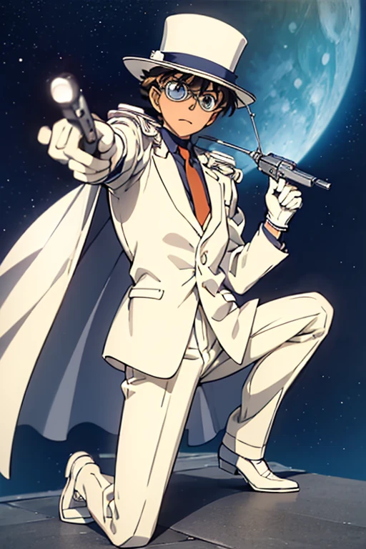 Super detailed,(masterpiece,4K), white suit, silk hat,((1. Boy)), Detective Conan - Despicable Me, white cape ,White leather shoes, white gloves,rooftop,Moonlit Night,Pointing a Gun, Put on one knee  , monocle,Green,Fly in the sky with a hang glider