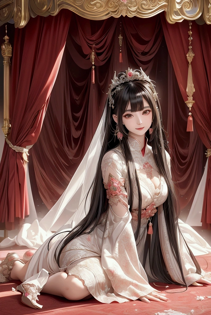 precise,  high detail ,  Very Detailed ,  European Palace Bed Room ，Japanese Demon Princess . Devil's Corner , Bangs, long hair, Smile,Wear a European-style wedding dress， Textured Skin ,  by the Bedside ， looking at the public