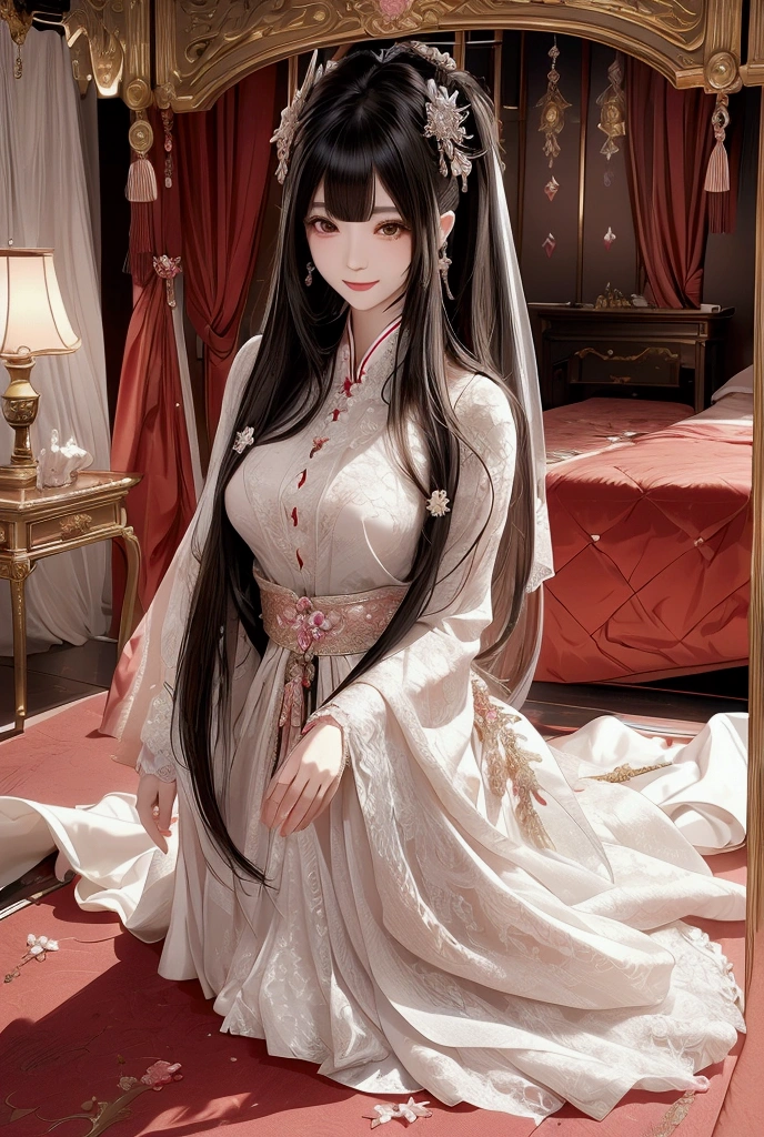 precise,  high detail ,  Very Detailed ,  European Palace Bed Room ，Japanese Demon Princess . Devil's Corner , Bangs, long hair, Smile,Wear a European-style wedding dress， Textured Skin ,  by the Bedside ， looking at the public