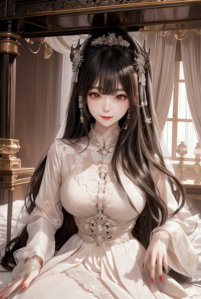 precise,  high detail ,  Very Detailed ,  European Palace Bed Room ，Japanese Demon Princess . Devil's Corner , Bangs, long hair, Smile,Wear a European-style wedding dress， Textured Skin ,  by the Bedside ， looking at the public