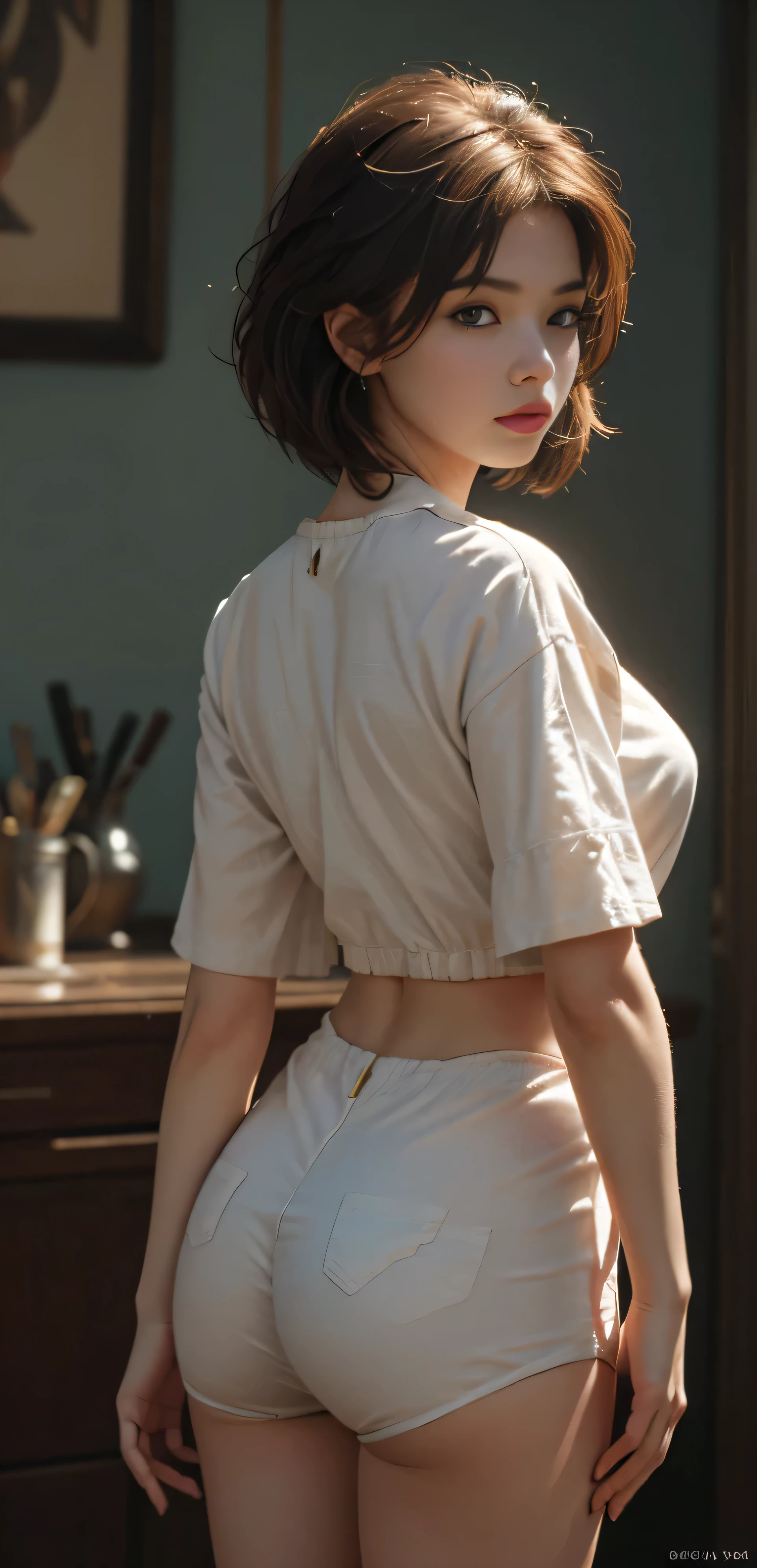 (RAW photo, 4k, masterpiece, high res,  extremely intricate) (photorealistic:1.4), cinematic lighting
1girl, solo focus, summer noon, hot, 1990s \(style\),cowboy shot, indoors, photo real, realistic, view from behind.

