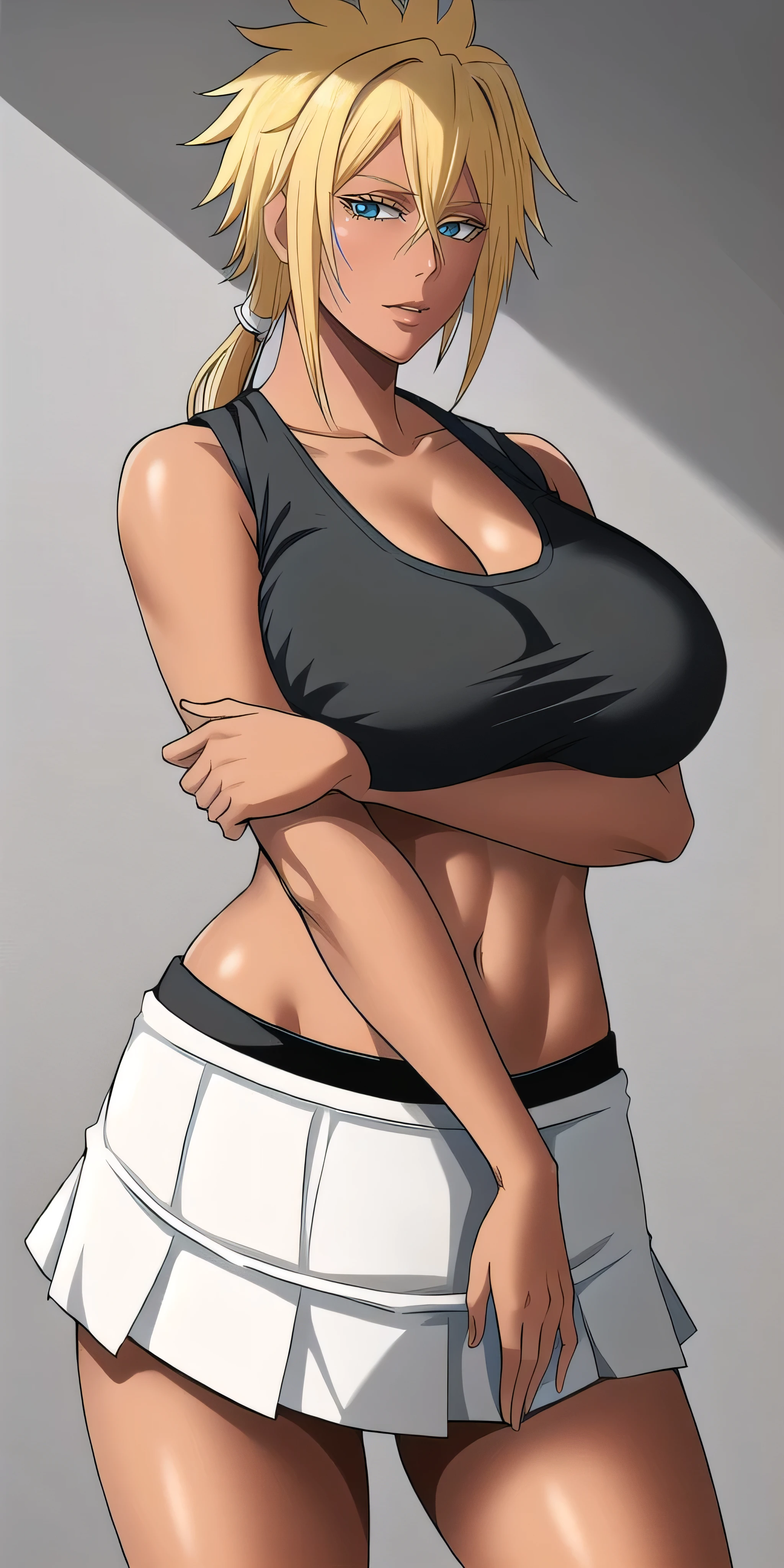 Short skirt,blond Pony Tail,tier harribel from bleach,alone,human face , naughty pose,,short skirt, black tank top , Black tank top ,beach ,pony tail ,