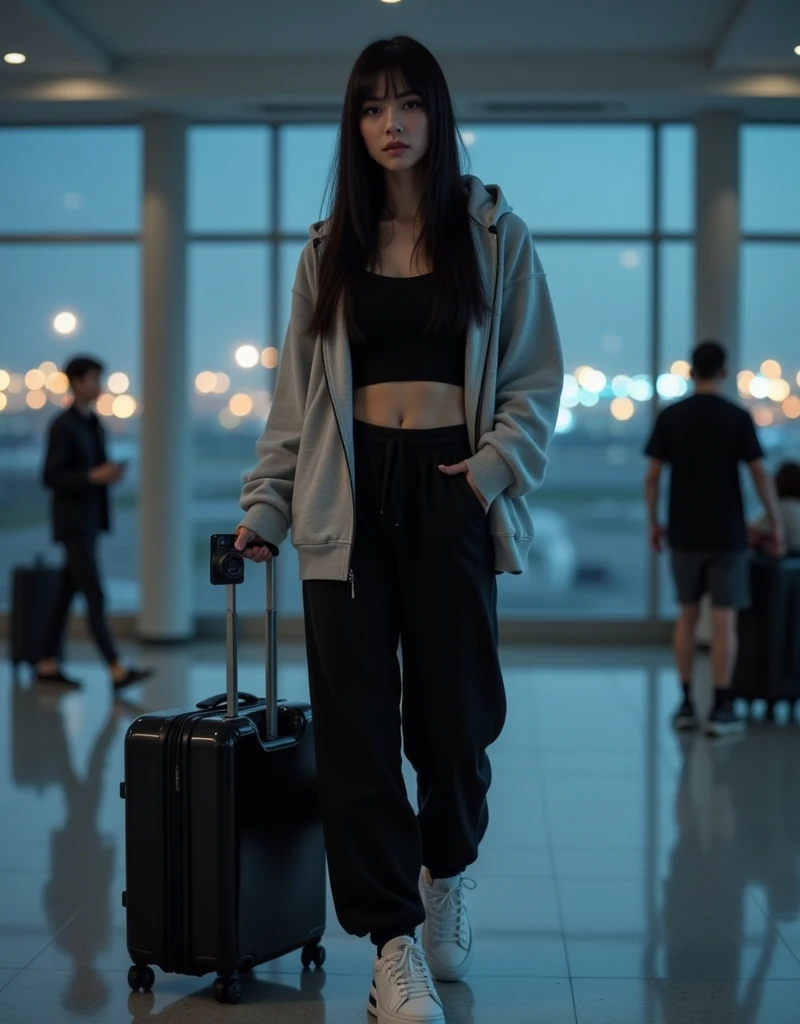 " A photorealistic image of Samm's long hair and short fringe ,  in the lobby of an international airport at night . She wears a casual and stylish look ,  composed of an oversized light gray hooded sweatshirt ,  a black cropped top that highlights her flat belly ,  high-waisted black joggers and chunky white sneakers .  Samira is pulling a modern black suitcase and holding her Black cell phone with triple camera on the other hand ,  while walking with a calm and focused expression .  The surrounding environment is illuminated by soft artificial lights ,  with reflections on the windows that They show the darkness of the night and some lights from the airport runways in the background,  creating an atmosphere of tranquility and anticipation ."






