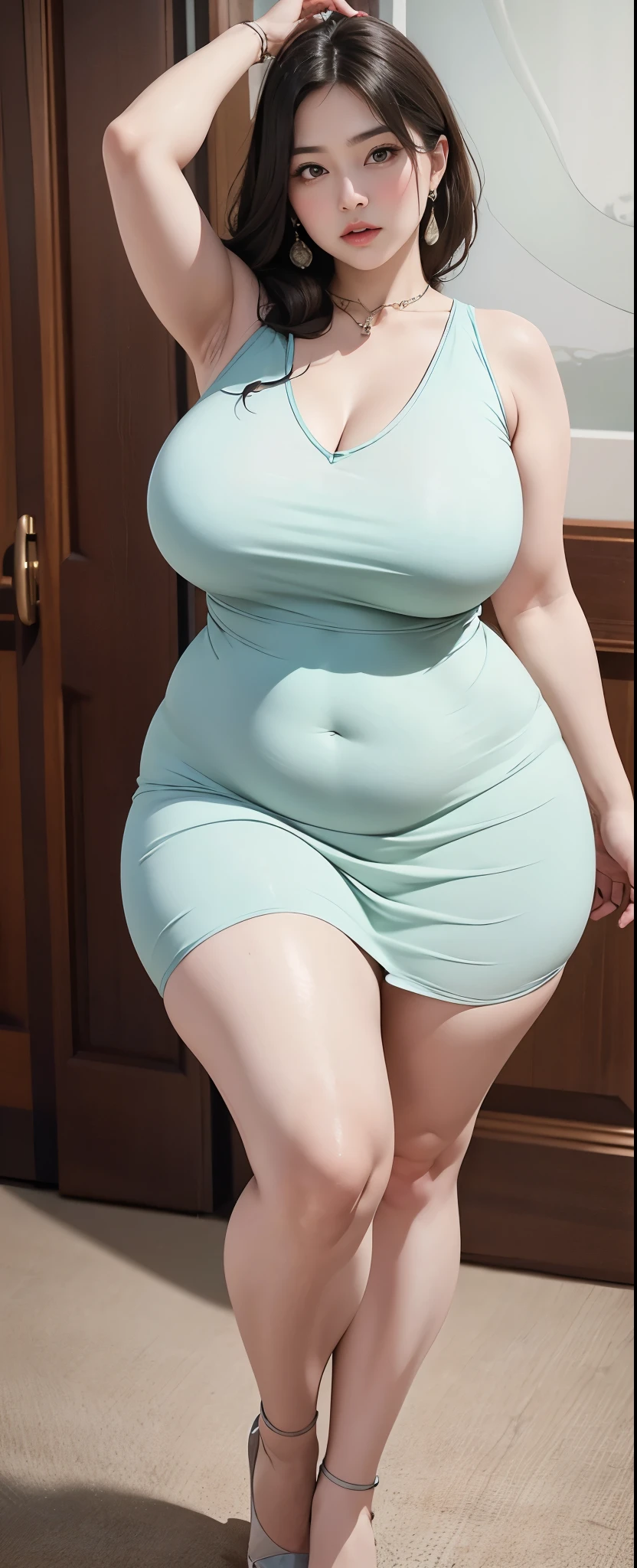 masterpiece, (photorealistic), (8k wallpaper) , (best quality), perfect quality, solo, (detailed eyes:0.9), Ermione, small smile, sexy, very beautiful face, curvy, cute face, chubby, fat rolls, belly rolls, soft, pink dress, see-through dress, muffin top, navel, tight dress, love handles, thunder thighs