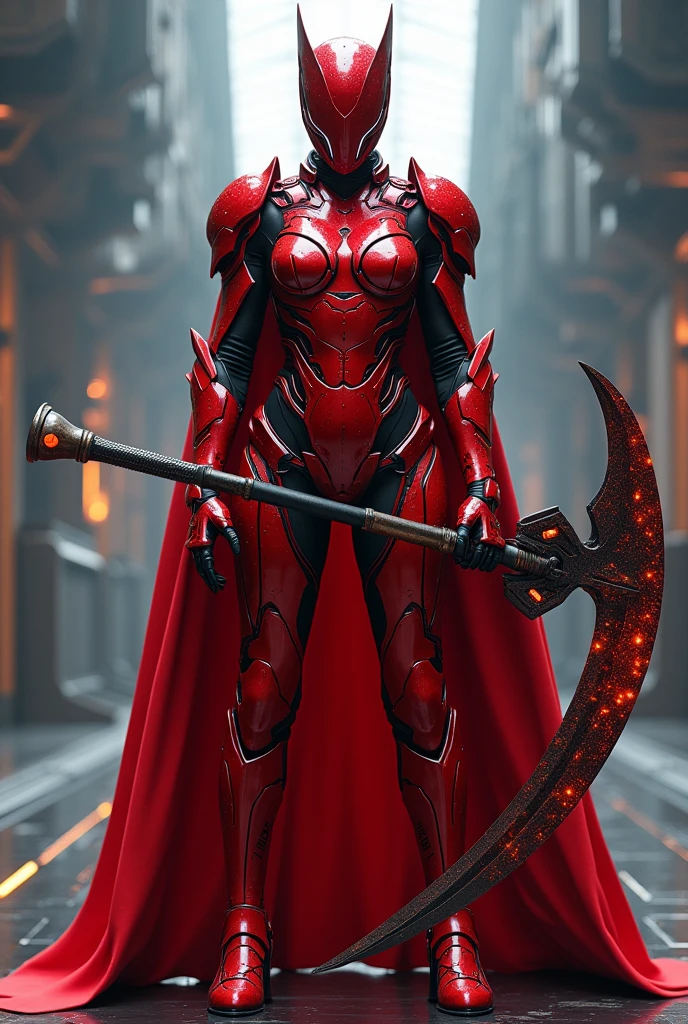 Wearing a futuristic and red suit of armor with metallic detailing, a shoulder cape that rises , wielding a large advanced scythe with glowing accents, detailed thigh-high boots with armor plating, 