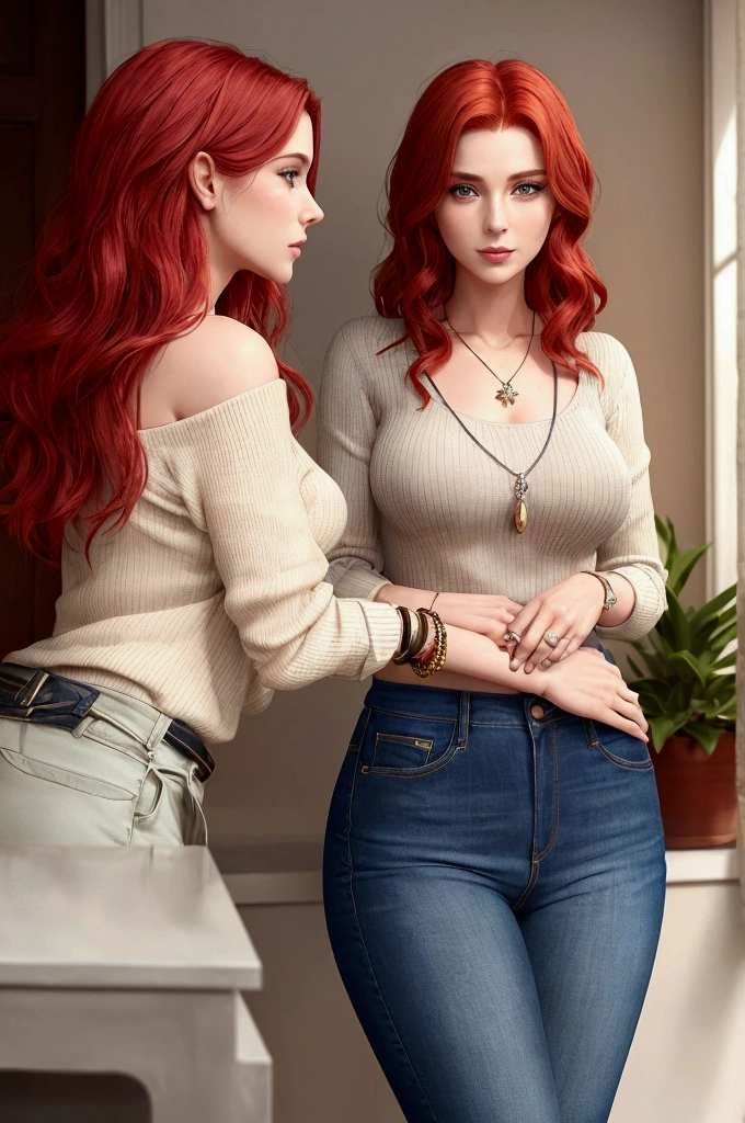 Make a wavy redhead female RPG character,with dark green eyes sitting on the lap of a male RPG character with black hair, blue colored eyes. They are both wearing black clothes because they are detectives.
