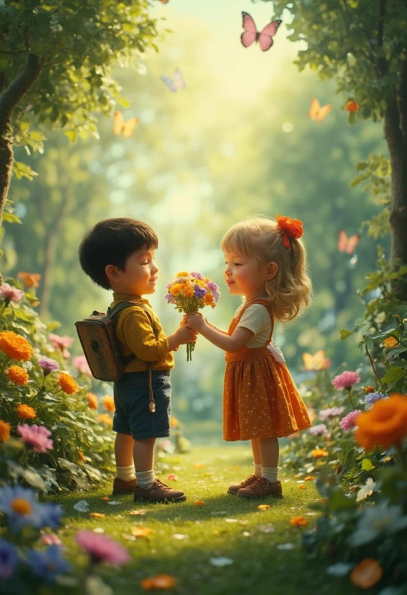 ((masterpiece)) ((photography)) ((Highest quality)) A sweet, heartwarming scene featuring two six-year-old ren in a charming garden setting. The young boy, with a shy smile, holds a small bouquet of colorful wildflowers, offering it to the girl. The girl, smiling brightly, leans in and gives him a gentle kiss on the cheek, leaving a tiny blush on his face. Soft sunlight filters through the trees, casting a warm glow around them. The background is filled with lush greenery, vibrant flowers, and playful butterflies, creating a magical and innocent atmosphere..