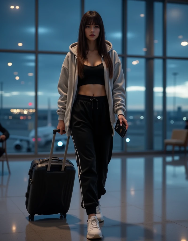 " A photorealistic image of Samm's long hair and short fringe ,  in the lobby of an international airport at night . She wears a casual and stylish look ,  composed of an oversized light gray hooded sweatshirt ,  a black cropped top that highlights her flat belly , black high-waisted joggers and chunky white sneakers from Chanel,  Samira is pulling a modern black suitcase and holding her Black cell phone with triple camera on the other hand ,  while walking with a calm and focused expression .  The surrounding environment is illuminated by soft artificial lights ,  with reflections on the windows that They show the darkness of the night and some lights from the airport runways in the background,  creating an atmosphere of tranquility and anticipation ."






