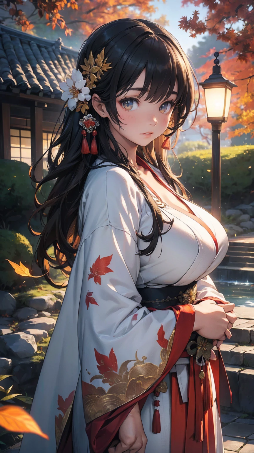 a beautiful miko girl with large breasts in an autumn landscape, fallen leaves swirling around her, cinematic lighting, traditional japanese garden, detailed textures, (best quality,4k,8k,highres,masterpiece:1.2), ultra-detailed, (realistic,photorealistic,photo-realistic:1.37), HDR, UHD, studio lighting, ultra-fine painting, sharp focus, physically-based rendering, extreme detail description, professional, vivid colors, bokeh