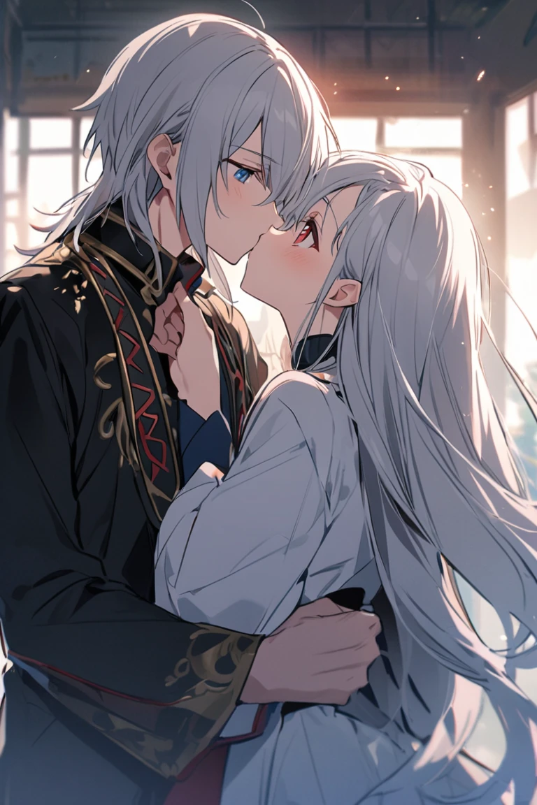 The black-haired male straddles the white-haired male's lap,The black-haired man held a dagger against the white-haired man's neck,kisses,Ancient China,Long hair,Hanfu,Palace
