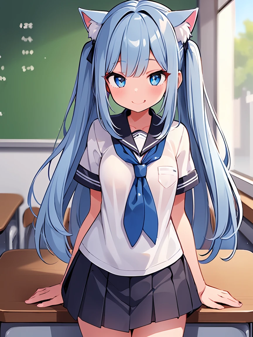 ((masterpiece)),(sitting),(small breasts),glistening skin,upper body BREAK 1 girl,(silver hair), twin tails,aqua eyes,,smile,school,messy classroom,

