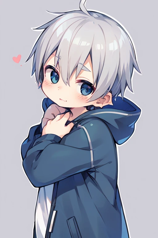 eye highlights,arms are thin, thin body,face, from side,look at viewer,droopy eyes, put your hand on your cheek,shy,blush,open your mouth and laugh,(((chilled boy))), (1 boy),(silver hair),((very short  hair)),parka,heart background,pastel,