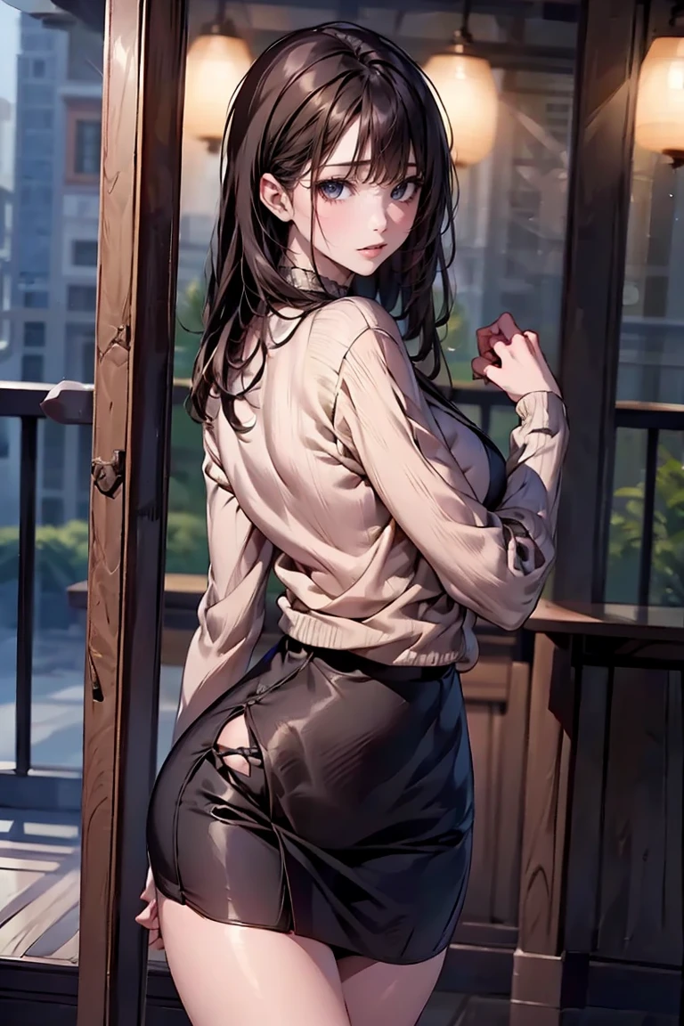 (masterpiece of the highest quality:1.2),  mature woman 、40 years old、Long black hair、Wrinkles、 white tight sweater、flesh-colored jacket、 white short skirt 、 slouching 、、 open legs、Hip、indoor、 from behind