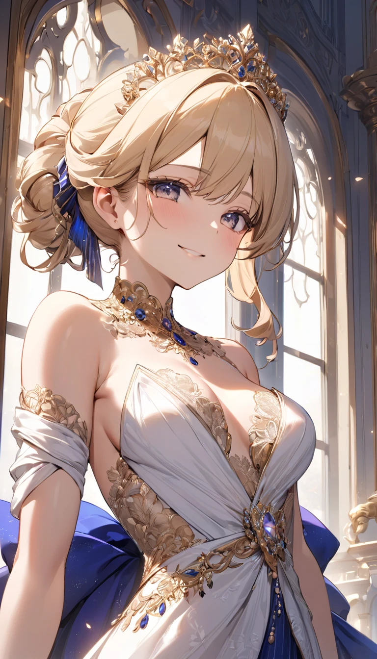 (((Best quality, 8k, Masterpiece: 1.3)), ((best quality)), ((masterpiece)), (detailed), perfect face, perfect body, (detailed skin:1.3), (intricate details), A regal queen with elegant blonde hair styled in an elaborate updo stands alone in a lavish palace room, posing for a portrait. She wears a splendid gown in pink and white, adorned with intricate lace, ribbons, and delicate embroidery, embodying the height of royal fashion. Her expression is soft and composed, with a gentle smile that exudes grace and confidence. Around her, ornate golden furnishings, tall windows, and rich draperies create a scene of opulent splendor, as if the very walls are admiring her presence. The atmosphere is one of admiration and grandeur, capturing her poised, royal elegance in this exquisite portrait.