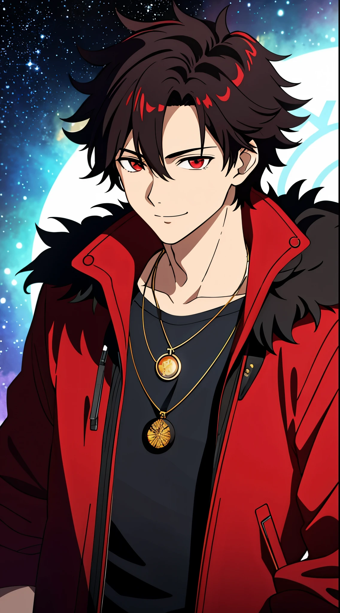 (high-quality, breathtaking),(expressive eyes, perfect face) 1boy, male, solo,  adult, black hair, red streaks in hair, red highlights, fire red eyes, soft wavy hair, short hair length, soft smile, spiky hair, fluffy hair, spiked up hair, black and red jacket, punk jacket, stylized clothing, red shirt, confident smile, age 1cle locket pendant necklace, dark scars on beck, space background, stars background, galaxy background
