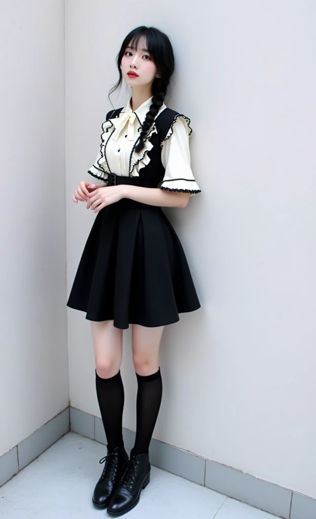 （1 male），High resolution， Sharp focus， pixiv masterpiece， （（Intricate details））， Very detailed， natsukubaru， 1 person，Very cute girl, Defeated at 15， lost heart，Full Body Lesbian，Kneel on the ground， Sweaty crotch，Pee on your feet，Urinating，Urine dripping down the thighs，Embarrassing，Excited， Shocked，Panic，anxiety，Small puddles of urine around the legs，Urine running down the groin，drenched，rain，my shirt got wet，（A gesture of supplication），Blue colored eyes（Eyes Shining）， Short white hair，Landmine fashion，Wear thick-soled boots，,Wear a black mini skirt, Wear a pink blouse, No sleeve, Breathe life into it，View from below, Bitch, obscene