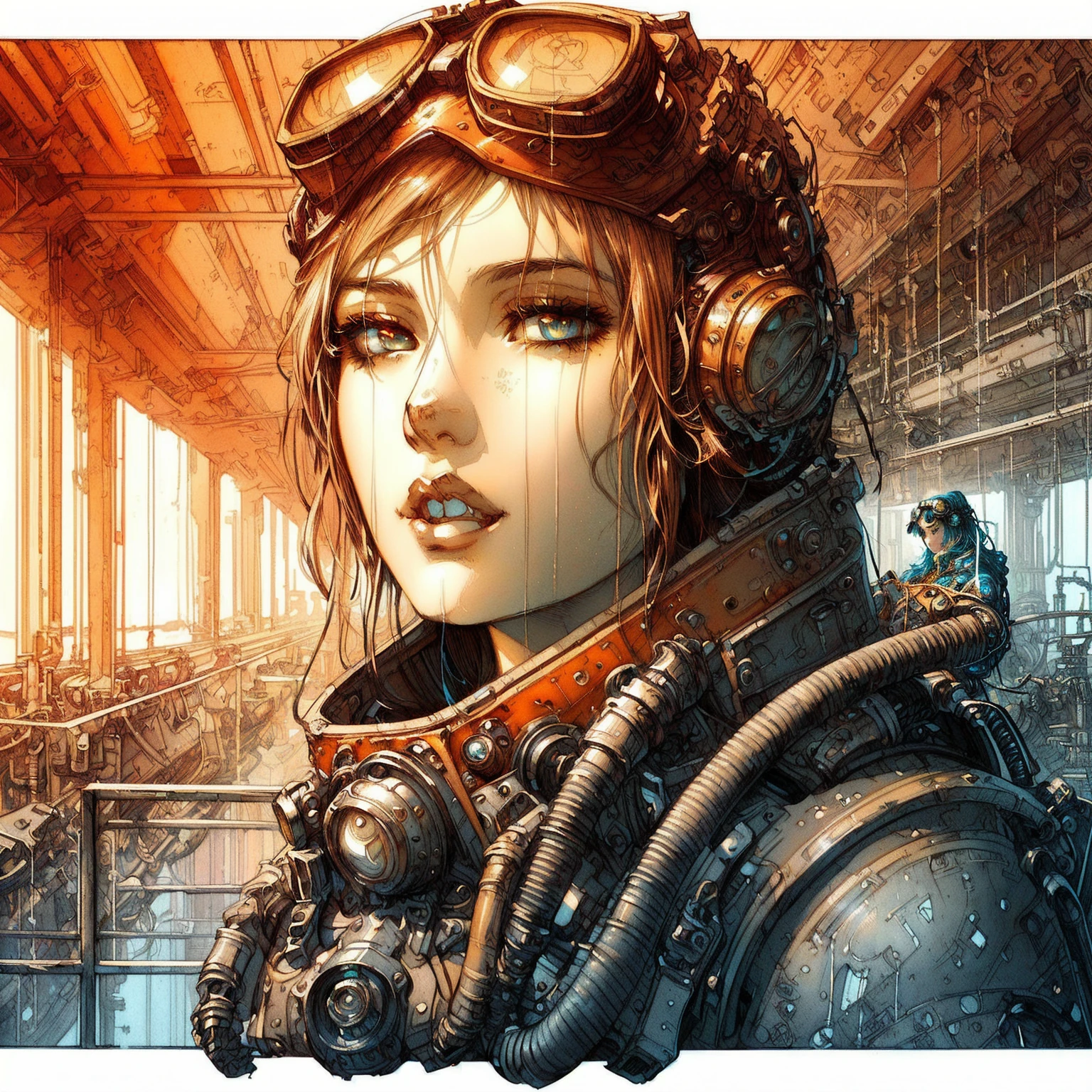 a close up of a woman wearing a helmet and goggles, detailed steampunk illustration, digital steampunk art, dieselpunk art style, high quality steampunk art, artgerm and craig mullins, sci-fi steampunk, steampunk illustration, portrait of a mechanical girl, steampunk digital art, steampunk beautiful anime woman, steampunk art, sci - fi illustrations, sci-fi illustrations