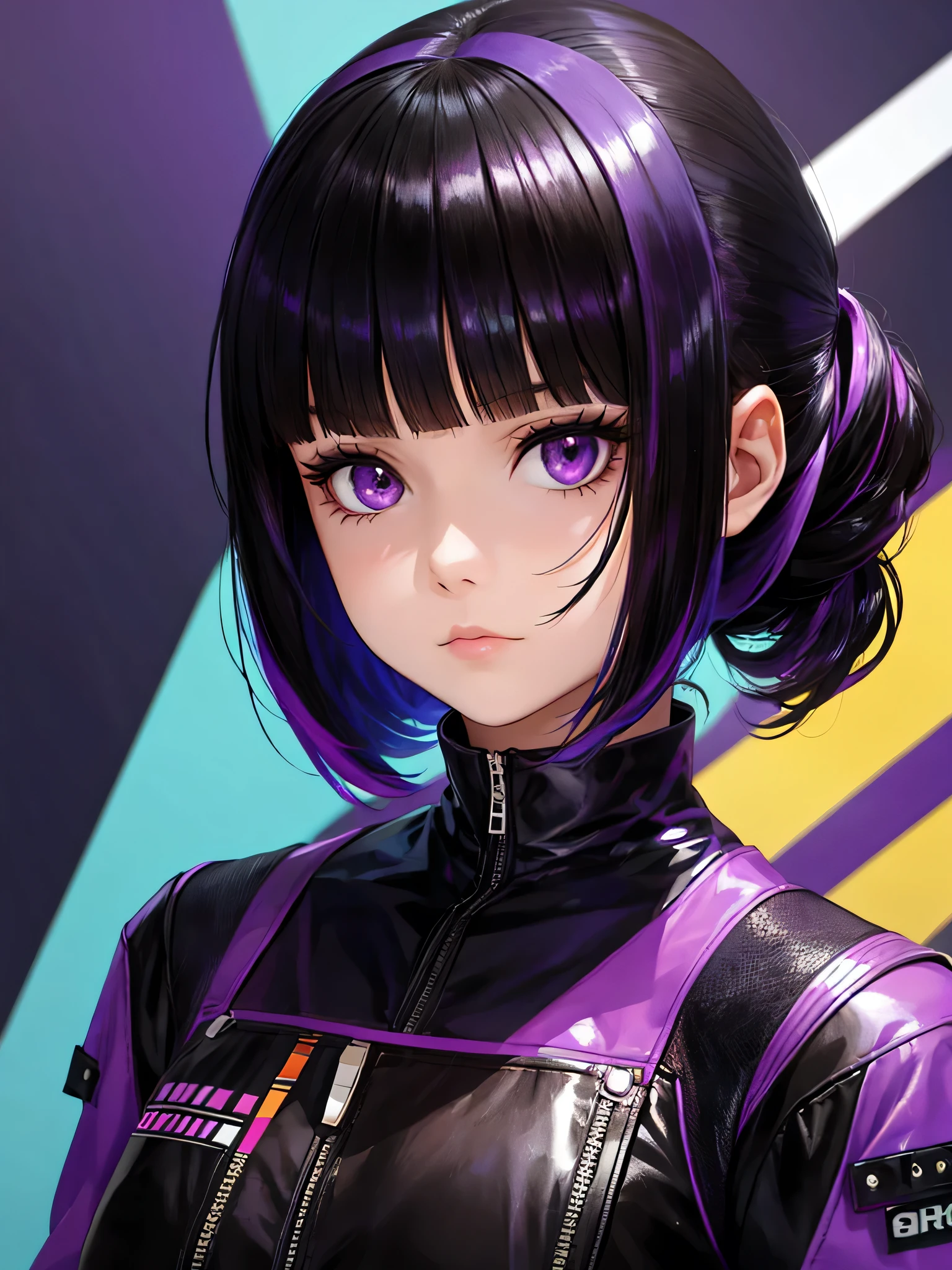 1girl, black hair, cool, purple eyes, cool outfit, cool hairstyle, hair up, portrait, colorful background, 2 colors background, absurdres, high res, ultrasharp, 8k, masterpiece, looking at viewer