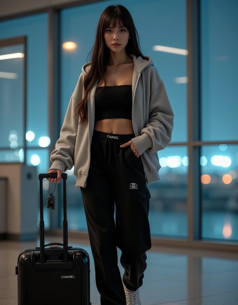 " A photorealistic image of Samm's long hair and short fringe ,  in the lobby of an international airport at night . She wears a casual and stylish look ,  composed of an oversized light gray hooded sweatshirt ,  a black cropped top that highlights her flat belly , black high-waisted joggers and chunky white sneakers from Chanel,  Samira is pulling a modern black suitcase and holding her Black cell phone with triple camera on the other hand ,  while walking with a calm and focused expression .  The surrounding environment is illuminated by soft artificial lights ,  with reflections on the windows that They show the darkness of the night and some lights from the airport runways in the background,  creating an atmosphere of tranquility and anticipation ."






