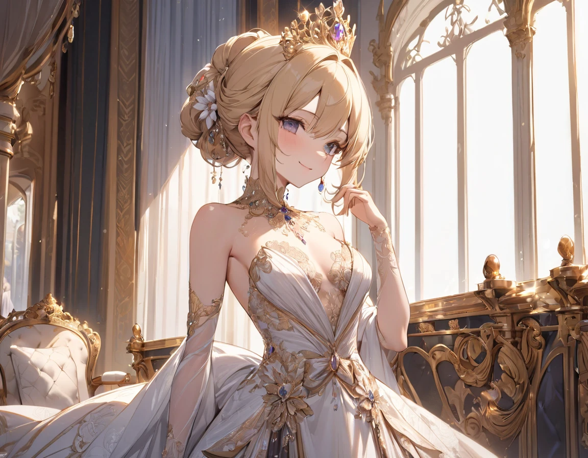 (((Best quality, 8k, Masterpiece: 1.3)), ((best quality)), ((masterpiece)), (detailed), perfect face, perfect body, (detailed skin:1.3), (intricate details), A regal queen with elegant blonde hair styled in an elaborate updo stands alone in a lavish palace room, posing for a portrait. She wears a splendid gown in pink and white, adorned with intricate lace, ribbons, and delicate embroidery, embodying the height of royal fashion. Her expression is soft and composed, with a gentle smile that exudes grace and confidence. Around her, ornate golden furnishings, tall windows, and rich draperies create a scene of opulent splendor, as if the very walls are admiring her presence. The atmosphere is one of admiration and grandeur, capturing her poised, royal elegance in this exquisite portrait.