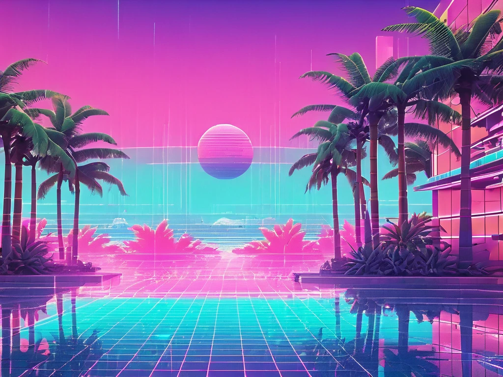 (vaporwave aesthetics:1.8)，futuristic city, English title，fantasy, matrix, desert, Ocean, Chinese pavilion,Close-up of retro 70s screen,coconut tree,24th century,Strong psychedelic colors and retro-future decadence,Distressing and stylization, illusory、collage、no order，dystopian、lo-fi、