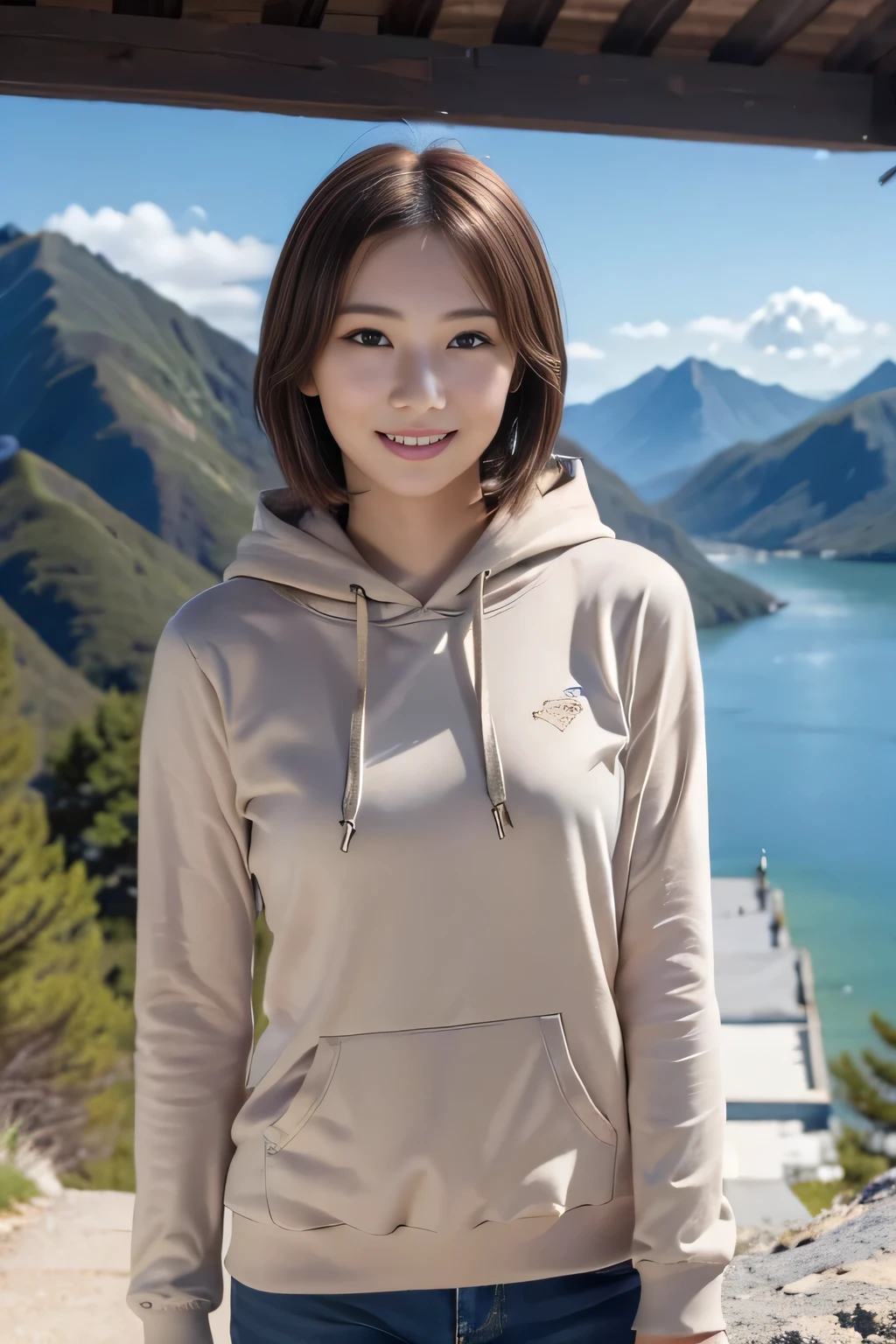 1girl, short hair up to the shoulders, roupas de frio, neve, nuvens nuvens detalhadas, agua detalhada, sentada, sentada nas pedras, lago, montanhas, camera distante, key piece, (melhor qualidade), (ultra qualidade), (ultra detalhado), (muito detalhe)