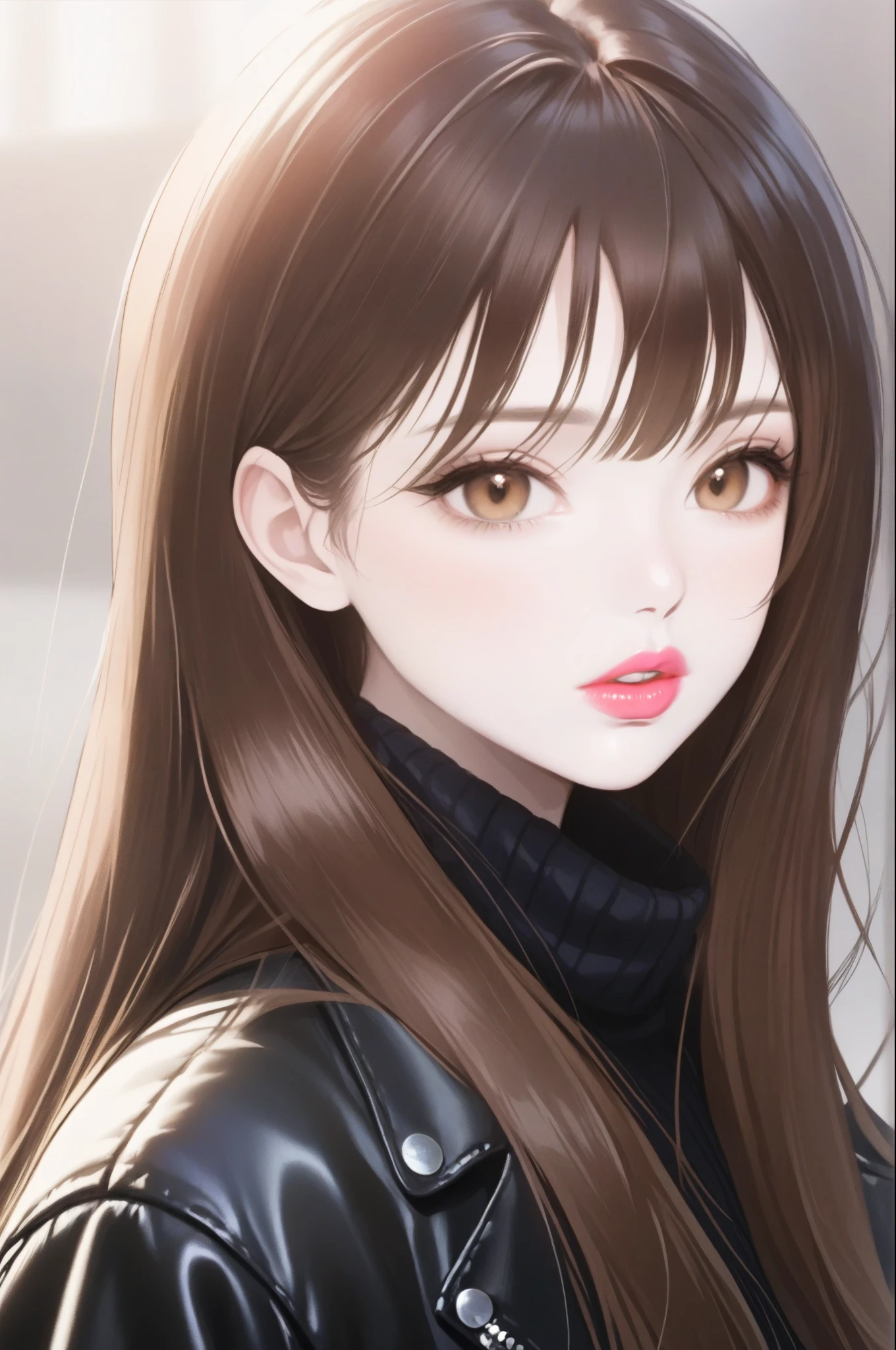 Girl, long brown hair, brown eyes, sharp features, white skin, pink lips, perfect smooth flowing hairstyle, sweater, leather jacket.