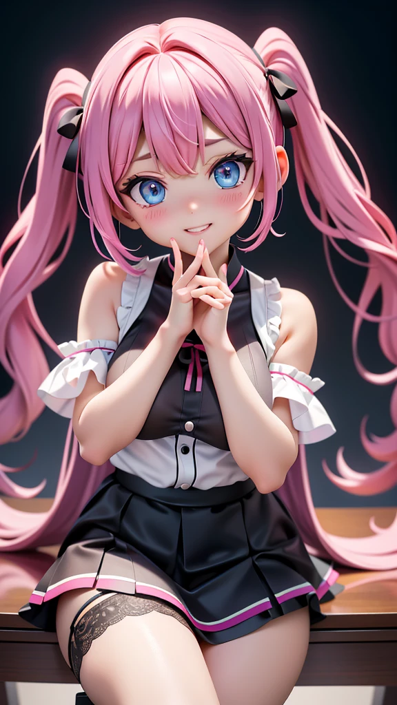 (1 cute girl:1.1), (16 years old), (lavender hair:1.15), straight hair, (asymmetrical bangs:1.15), (narrow eyes:1.1), (half-closed eyes), (heterochromia:1.2), (red eye and blue eye:1.2), joyful, (evil smile:1.1), (open mouth:1.1), Focus on Face, (spread arms), White blouse, Lace fabric collar, blue frills skirt, Standing, character sheet, ((simple white background))