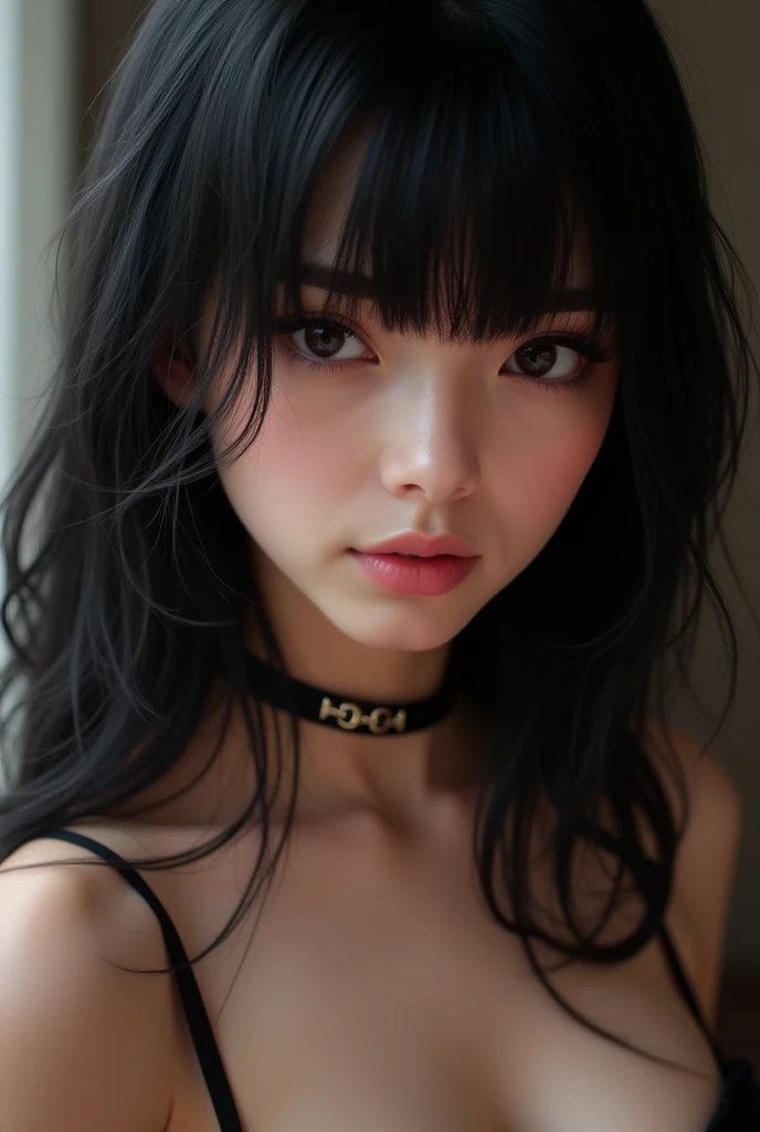 Arafed woman with long black hair and a necklace around her neck, Ulzzang, Jinyoung Canela, cruel korean goth girl, Ela tem cabelo preto com franja, Retrato de Jossi de Blackpink, kanliu666, Bae Suzy, cabelo blackbangs cabelo, Heonhwa Choe, Tifa, Tifa lockheart, 1 6 anos