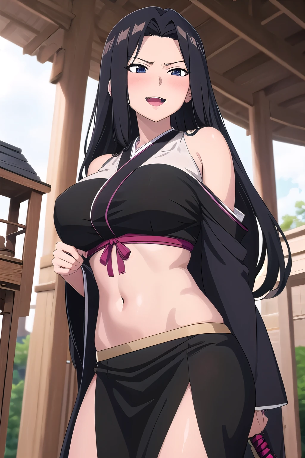 (safe:1.10), best quality, masterpiece, highres, solo,  anime_style, 23, black hair, long hair, large breast, blush, lipstick, Hot girl, baddie, staring, glaring, bad attitude, mean girl, crazy, smoking, sensual, attractive, masterpiece, best quality, highly detailed, a anime girl in kimono dress ,holding sword, bare
shoulder,open kimono, evil smile, open mouth, crop top , (nsfw) not safe for work, smile, ecchi anime
style, anime girls, ecchi style, ecchi, digital anime art!!, in anime style, official artwork, visual novel cg,
beautiful anime girl, anime style 4 k, kimono pencil skirt, exposed belly, exposed navel,
exposed midriff, exposed lower belly, outdoor, japanese architecture, temple