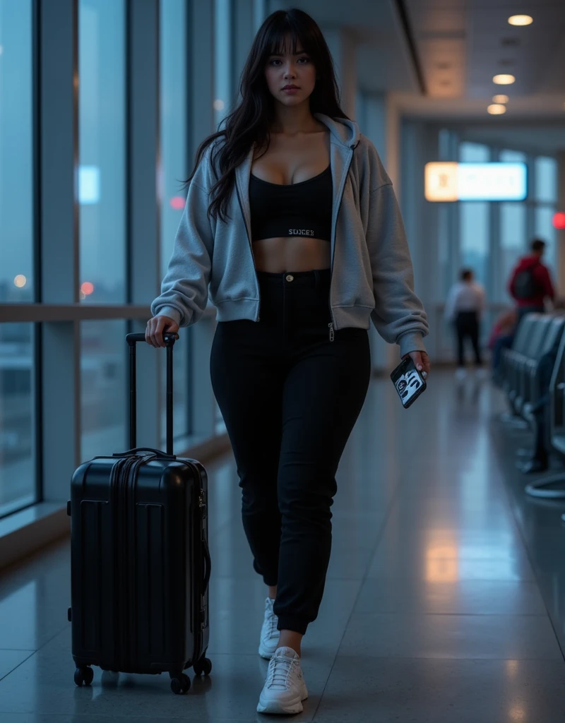"A photorealistic image of Samm's long hair and short bangs, big breasts, healed body, in the lobby of an international airport at night . She wears a casual and stylish look , composed of an oversized light gray hooded sweatshirt , a black cropped top that highlights her flat belly , black high-waisted joggers and chunky white sneakers from Chanel, Samira is pulling a modern black suitcase and holding her Black cell phone with triple camera on the other hand , while walking with a calm and focused expression . The surrounding environment is illuminated by soft artificial lights , with reflections on the windows that They show the darkness of the night and some lights from the airport runways in the background, creating an atmosphere of tranquility and anticipation ."