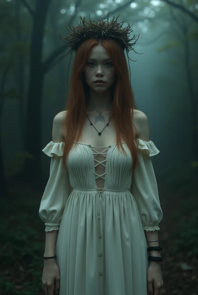 pale skin girl, green eyes and copper red hair in the forest dressed in a long white floral dress with a slit on the leg, with two black souls behind her, and with hands stained black