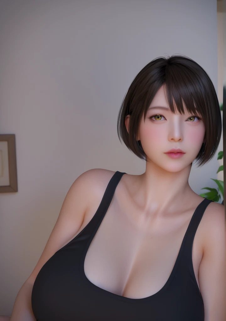 Generate a realistic, full-body image of a young woman with a short bob haircut and dark bangs, similar to the character in the reference image. Her face should have a soft, natural glow with light makeup, emphasizing her expressive eyes and glossy lips. She is dressed in a black tank top, a mini black skirt, black stockings, and black high heels.

For the background, depict a traditional Japanese room with tatami flooring, sliding shoji doors, and warm lighting that gives the scene a serene ambiance. Place subtle details like a wooden low table with a tea set, a bonsai plant, and simple decor to add authenticity. The overall scene should have a refined, peaceful atmosphere, blending traditional Japanese elements with the modern, fashionable look of the character