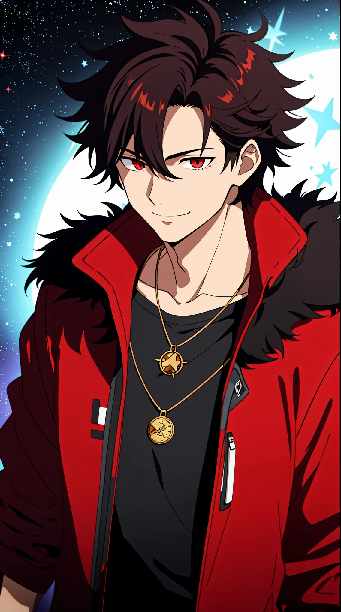 (high-quality, breathtaking),(expressive eyes, perfect face) 1boy, male, solo, young adult, black hair, red streaks in hair, red highlights, fire red eyes, soft wavy hair, short hair length, soft smile, spiky hair, fluffy hair, spiked up hair, black and red jacket, punk jacket, stylized clothing, red shirt, confident smile, age 17, circle locket pendant necklace, dark scars on beck, space background, stars background, galaxy background
