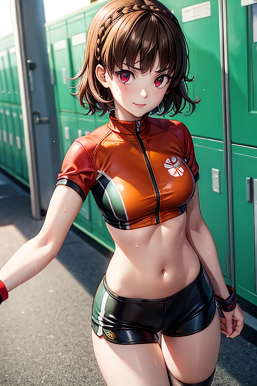 wet_sweaty_makoto_nijima_in_princess_daisys_soccer_uniform BREAK posing for selfie BREAK short top, midriff, hotpants, orange clothing, underboob BREAK skinny, thin_legs, flat_chest BREAK wet_skin BREAK medium_brown_hair, blunt_bangs, crownbraid BREAK red_eyes, skinny, female, evil_smile BREAK locker room, seductive_expression, seductive, sweating, heat BREAK outside, beautiful, high resolution, 8k, sure_for_work 