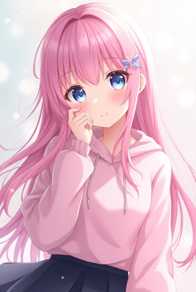 High Resolution, Masterpiece, Best Quality, Detail, HD, High Details, High Quality, Quality, Solo, Long Hair, Bangs, Pink Hair, Ahoge, Hair Between Eyes, Hair Behind Ear, Crystal Hair, medium Breasts, Smile, Smile, Closed Mouth, blue eyes, Light Blush, Simple background, POV, Rotated, Sparkle, Anime, Anime Style, pink hoodie, black skirt